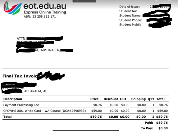 eot.edu.au Express Online Training - Cronulla, NSW. Proof of payment - and not satisfied at all