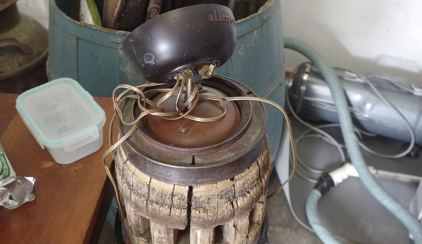 cross state van lines - Paterson, NJ. Antique table end lamp with the ceiling cap from the destroyed brand new ceiling lamp fan jammed on top