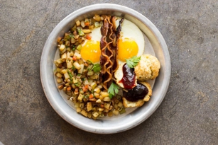 Big Sky Buckhead Big Brunch: 2 eggs, home fries, grits, house-made biscuits, and your choice of crispy pork belly, caramelized bacon, or chicken