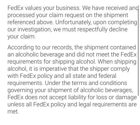 Liquor Locker - Sarasota, FL. FedEx says did NOT follow shipping rules and regulations and then try to blame me