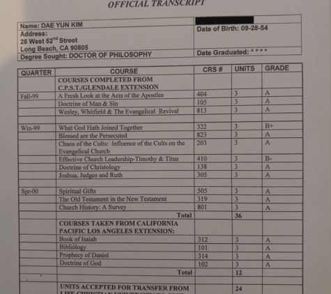 Bible Baptist Church - Gardena, CA. Dae Yun Kim: Ph.D. In Theology Transcript.