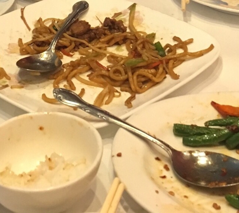 Three Brothers From China - San Ramon, CA. Family couldn't wait to dig in!  Left to right salt and pepper pork, beef chow mein, green beans, orange chicken.