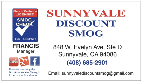 Sunnyvale Discount Smog - Sunnyvale, CA. Yelp us, review us on Google, like us on Facebook