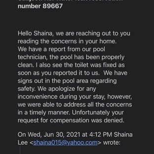 Reunion Vacation Homes - Davenport, FL. Email denying compensation.