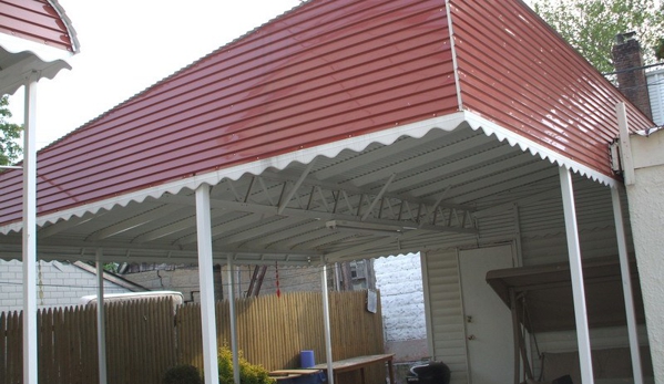 Metropolitan Awnings - Bronx, NY. Aluminum home awning with terra cotta sheets and 2x2 posts manufactured in queens new york