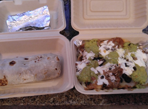 Casa Rosita's - Santa Cruz, CA. A la carte shredded beef burrito and 1/2 sized nachos.