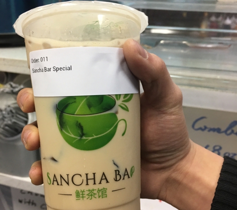 Sancha Bar - Milpitas, CA. Tried their special, which is their signature tea topped with boba, grass jelly, and egg pudding. Tasted great!
