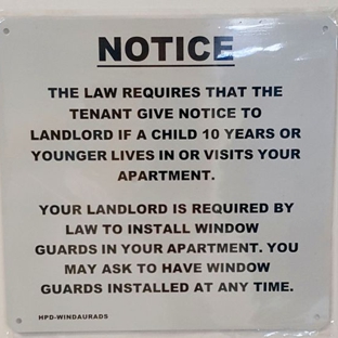 Building Signs - Brooklyn, NY. TENANT MUST GIVE NOTICE TO LANDLORD IF A CHILD 10 YEARS OR YOUNGER LIVES IN OR VISITS APARTMENT. LANDLORD IS REQUIRED BY LAW TO INSTALL SIGN