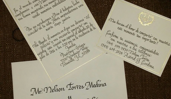 C. K. Arts Calligraphy - Orlando, FL. Handwritten invitation, response card and response card in Spanish.