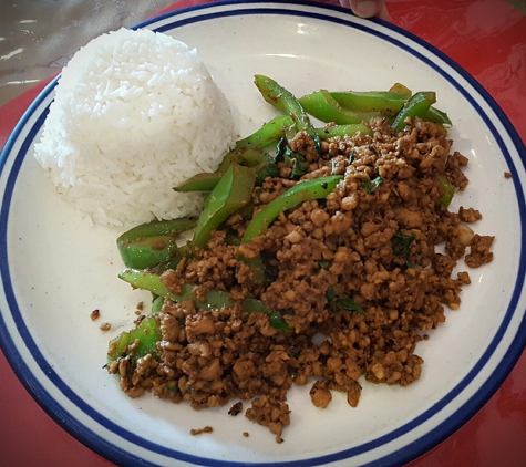 Taste of Thai - Norcross, GA. Spicy Basil Leaves with ground chicken and steamed white rice.