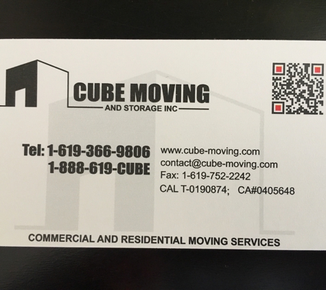 Cube Moving and Storage Inc - San Diego, CA. Cube moving business card