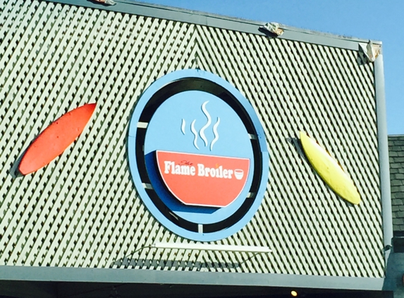 Flame Broiler - Newport Beach, CA. The sign for Flame Broiler with surfboards!!! Hence the location on PCH at Newport Beach.