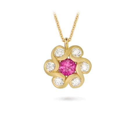 Diana Vincent Jewelry Designs - Washington Crossing, PA. Contour Pink Sapphire, Diamond and Yellow Gold Pendant
