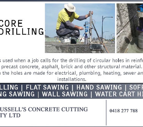Russell's Concrete Cutting Pty. Ltd. - Bradbury, NSW. Our goal is to provide the highest level of quality concrete cutting and drilling services at competitive prices.