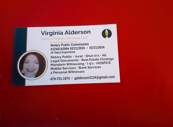 Ginny's Notary Services LLC - Bella Vista, AR. New Business card. Open 5/20/24 Mon - Fri. 9AM - 5PM