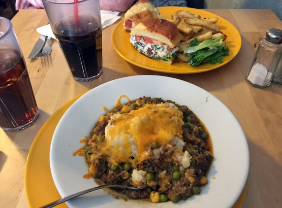 The Custer Wolf Restaurant - Custer, SD. Rancher's Pie and Chicken Salad on Potato Roll. Delicious!