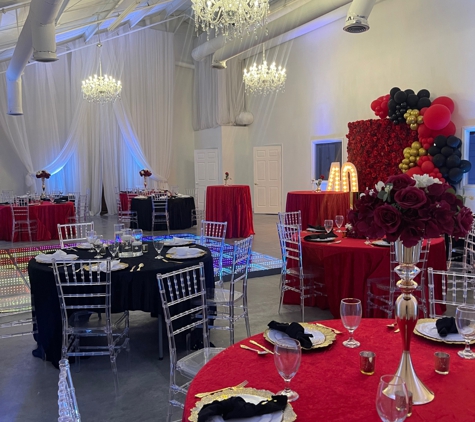 De La Rosa Event Space & Rentals - Marietta, GA. De La Rosa Event Space - Wide View of Main Event Room - Chandeliers On