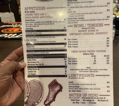 Fieldhouse Bar and Grill - Monroe, LA. Front menu