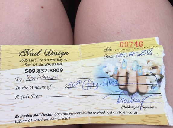 Nail Design - Sunnyside, WA. Nowhere does it say to keep the blank side. ALL the info she needed!