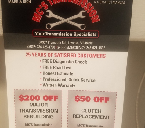 Mctransmission shop - Livonia, MI. New location great prices and warranty .