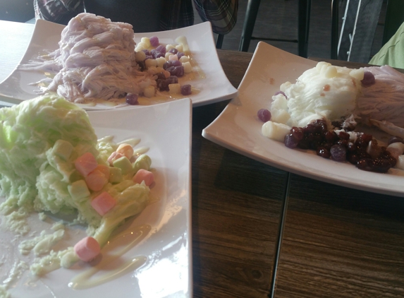 Shave Monster - Rocklin, CA. Taro shaved ice with mochi, green apple woth marshmallows, taro and coconut with red beans and mochi. All good!